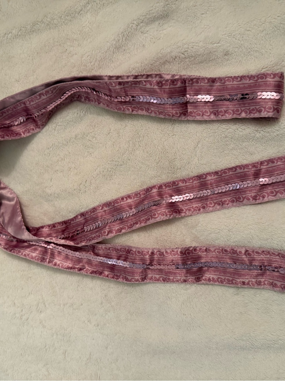 Mauve Satin Sequin Trim Scarf, Sash or Tie (72” long; Petite to Plus size)